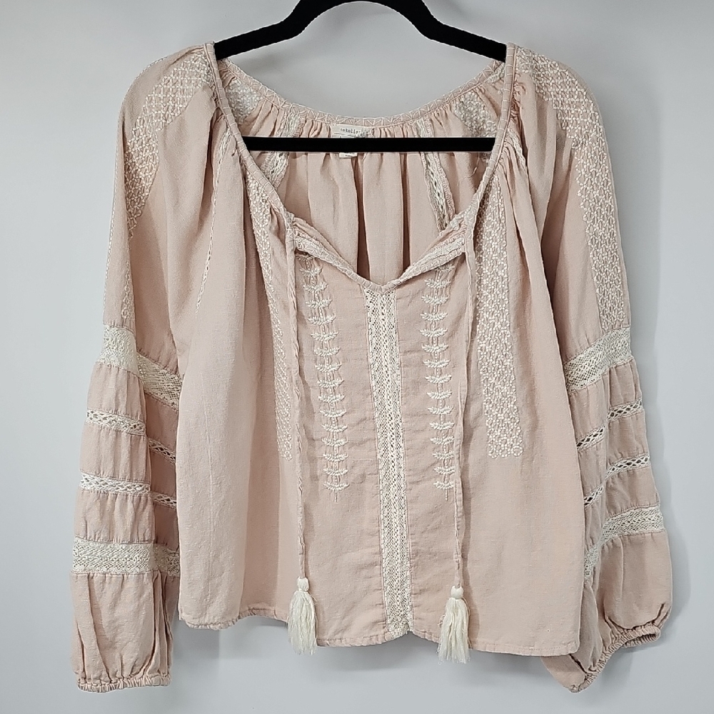 Nicole Miller Blush Lace-Trim Blouse w String Tassels Boho Hippie Flowerchild‎